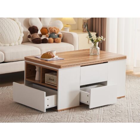 Modernluxe – Table basse gigogne relevable 100x51x47 cm – 2 bureaux, 3 tiroirs, 2 compartiments – Panneaux de particules blanc et naturel clair