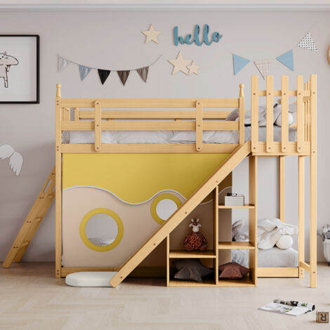 Lit superposé 90x200cm en pin massif avec échelle et toboggan de rangement - Naturel