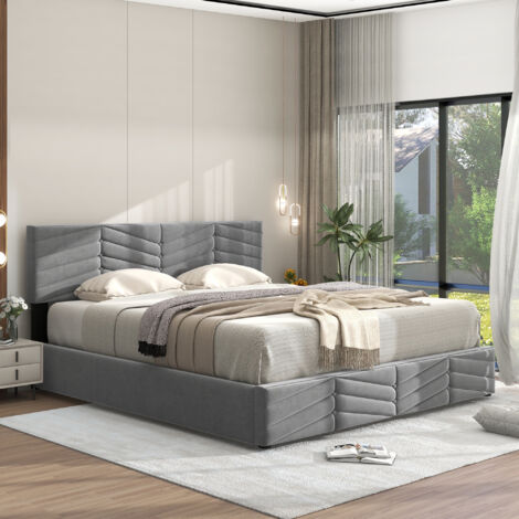 Modernluxe – Lit coffre en velours 160x200cm – Tête de lit réglable 95cm – Sommier à lattes inclus – Coffre de rangement pratique – Gris