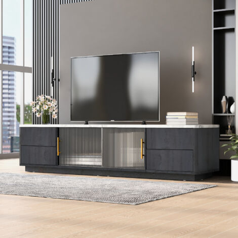 Meuble TV 160cm - adapté pour TV 70" avec un grand espace de rangement et plateau effet marbre - Gris (1/5)