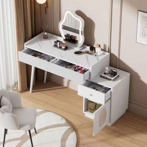 Coiffeuse avec miroir et éclairage LED - 2 tiroirs et une armoire amovible - Blanc (tabouret non inclus)