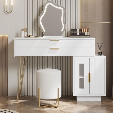 Modernluxe – Coiffeuse moderne avec miroir LED – 2 tiroirs spacieux – Armoire amovible – Dimensions 100x40x78 cm – Panneaux de particules blancs