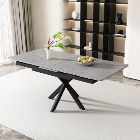 Modernluxe – Table extensible 150-180 cm – Pieds croisés en fer forgé – Plateau en MDF avec motif marbré noir et blanc – 6 places