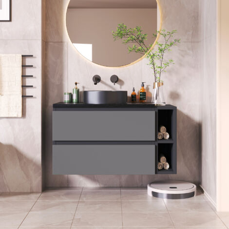 Meuble de salle de bain suspendu avec vasque en céramique et 2 tiroirs - plateaux en marbre - Noir(robinet non inclus) (1/5)