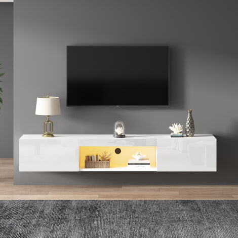 Modernluxe – Meuble TV suspendu 160cm – 1 compartiment ouvert – 2 portes abattantes – finition brillante – éclairage LED Bluetooth – blanc (1/5)