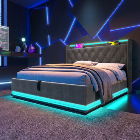 Modernluxe – Lit coffre 160x200cm en lin blanc – Avec ports USB et Type-C – Éclairage LED 360° – Grand espace de rangement (1/5)