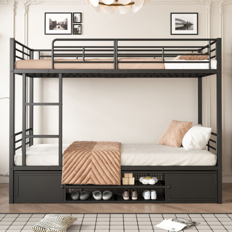 Modernluxe – Lit superposé 90x200cm en fer noir – avec échelle et meuble à chaussures – sécurité EN747 – facile à assembler (1/5)