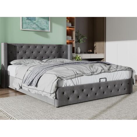 Lit coffre 160x200cm en velours avec sommier à lattes - Gris