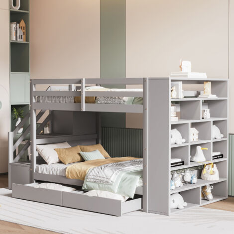 Modernluxe – Lit superposé 90x200 cm en bois de pin – 2 tiroirs de rangement – Escaliers de sécurité avec compartiments – Finition grise moderne
