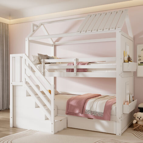 Modernluxe – Lit superposé enfant 90x200cm – escalier de rangement – 2 tiroirs – étagères – bois de pin et MDF – blanc – capacité 400 lb (1/5)