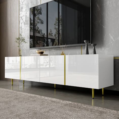 Modernluxe – Meuble TV 170 cm avec 4 portes – MDF blanc brillant – Charnières à fermeture douce – Rangement optimisé pour salon