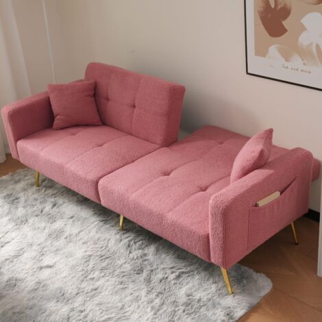 Modernluxe – Canapé convertible 2 places – Dossier réglable – Tissu bouclette rose – Poches latérales – Cadre en bois robuste – Dimensions 175x64x72 cm