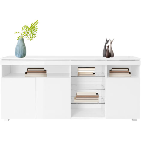 Meuble TV Moderne Blanc Avec Portes, étagères En Verre Et Lumières LED – Rangement Salon Ou Chambre 197 Cm - 12