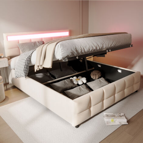 Lit coffre 180x200cm en velours - avec LED et sommier à lattes - Beige (1/4)