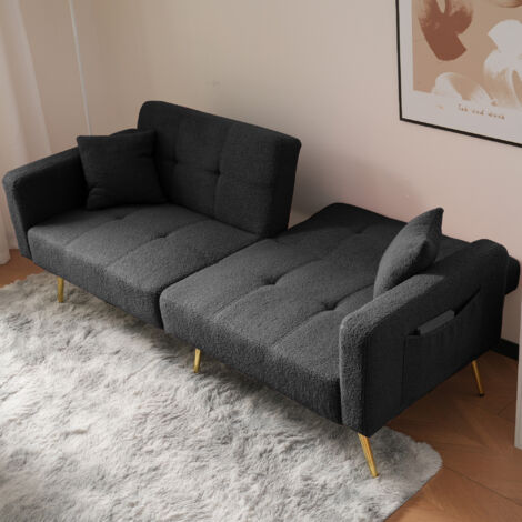 Modernluxe – Canapé convertible 2 places – Dossier réglable – Tissu bouclette gris – Poches latérales pratiques – Cadre en bois stable – 175x64x72 cm