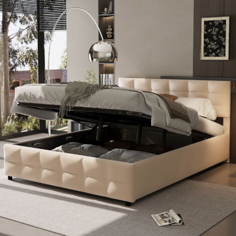 Lit coffre 180x200cm en velours - avec sommier à lattes - Beige