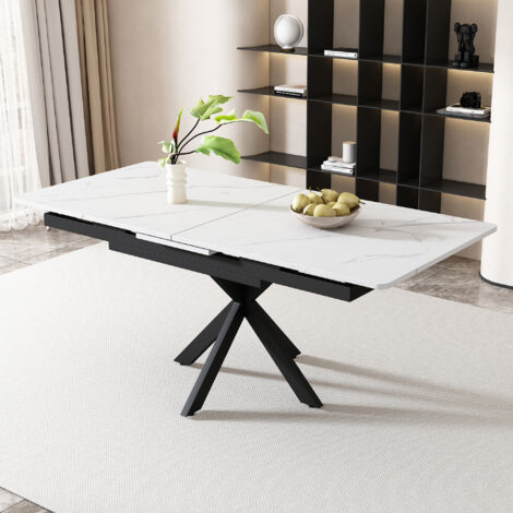 Modernluxe – Table à manger extensible – pieds croisés en fer forgé – plateau marbre noir et blanc – dimensions 150-180x70x76 cm – pour 6-8 personnes