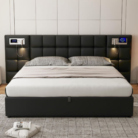 Lit coffre 180x200cm tissu en similicuir - avec port USB、recharge sans fil et LED - avec sommier à lattes - Noir