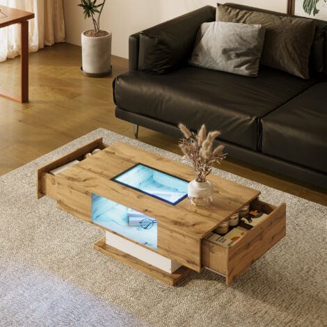 Modernluxe – Table basse fixe avec éclairage LED – MDF – 2 tiroirs latéraux – Dimensions 110.2 x 60 x 39.7 cm – Design moderne pour salon