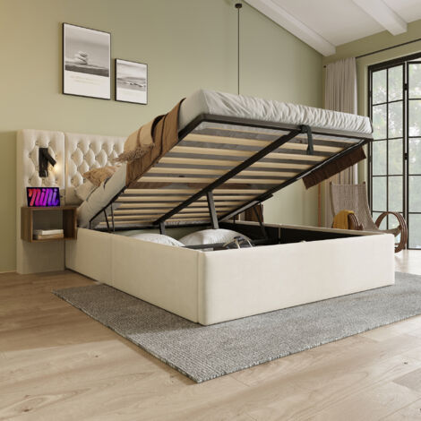 Modernluxe – Lit coffre en velours 160x200 cm – 2 chevets avec éclairage USB – Grand espace de rangement – Structure métal robuste (1/5)