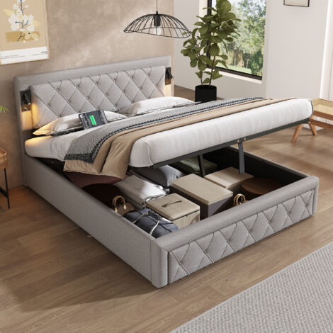 Lit coffre 160x200cm en tissu lin - avec liseuse et prise USB - avec sommier à lattes - Gris (1/5)