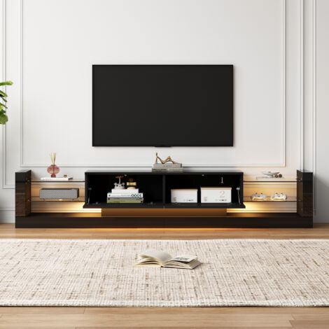 Modernluxe – Meuble TV noir avec éclairage LED – 2 tiroirs rabattables – Étagères en verre – Dimensions 181x38x38 cm pour téléviseurs jusqu'à 80 pouces (1/5)