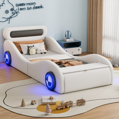 Lit enfant 90x200cm - lit rembourré en forme de voiture avec avec roues lumineuses - Blanc