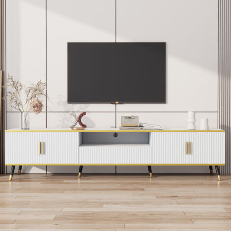 Meuble TV moderne 200cm - 3 compartiments et 1 tiroir - effet marbre - Blanc & Doré (1/5)