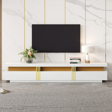 Modernluxe – Meuble TV moderne 200cm – 3 tiroirs – effet marbre blanc – support jusqu'à 90 pouces – capacité 30 kg – gestion des câbles intégrée (1/5)