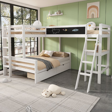 Lit superposé 2x90x200cm + 140x200cm en bois - avec un bureau et 2 tiroirs - Blanc (1/5)
