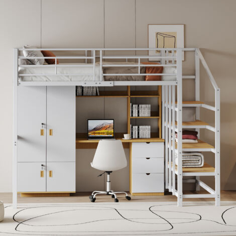 Lit mezzanine 140x200cm en métal - avec étagères et échelle de sécurité - Blanc (matelas non inclus)