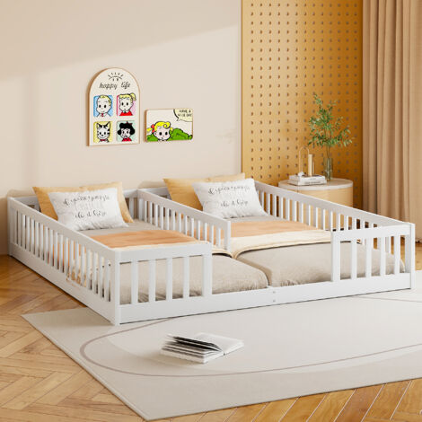 Lit enfant 2x90x200cm en bois massif - avec barrières - sans sommier à lattes - Blanc