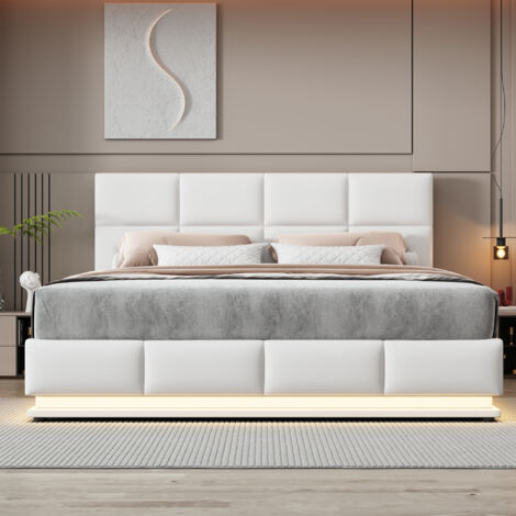 Modernluxe – Lit coffre rembourré 180x200 cm – Éclairage LED – Similicuir blanc – Mécanisme de levage hydraulique – Tête de lit réglable (1/5)