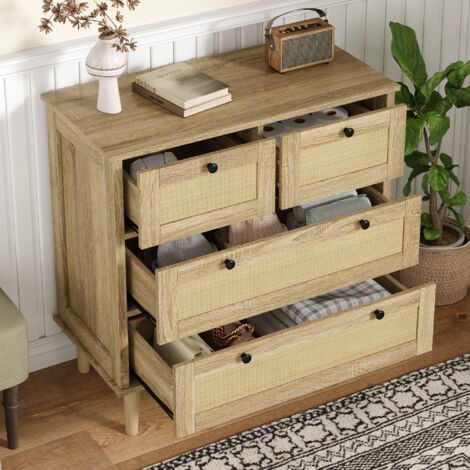 Buffet 80x40x80cm - avec 4 tiroirs en rotin - pieds en bois massif - panneaux de particules - naturel (1/5)