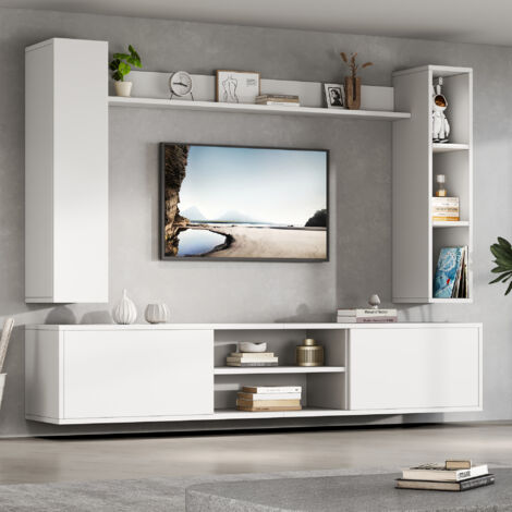 Ensemble meuble TV 4 pièces - meuble TV + 2 meuble mural + étagère murale - 1 porte et 2 portes abattantes - blanc (1/5)