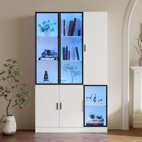 Vitrine 120 x 35 x 200 cm - portes vitrées - 6 portes - avec éclairage LED - panneaux de particules+verre trempé - blanc (1/5)