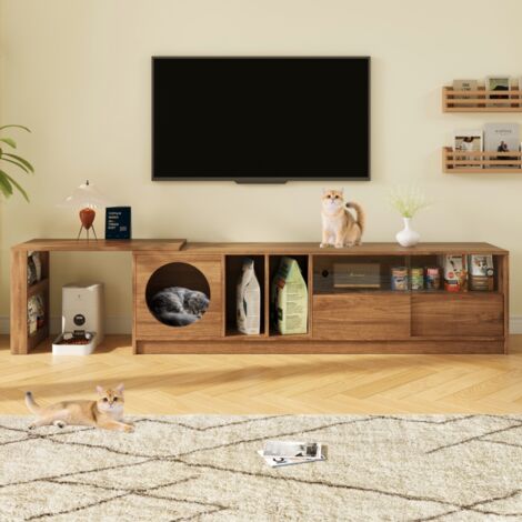 Modernluxe – Meuble TV rotatif 180(+80)x40x50cm – Niche pour chat – Verre trempé et MDF – Design moderne et élégant – Étagères ouvertes