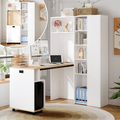 Modernluxe – Bureau pliable 104.5x30.5x160 cm – Avec bibliothèque et prises USB – Étagères réglables – Roulettes – Blanc et naturel (1/5)