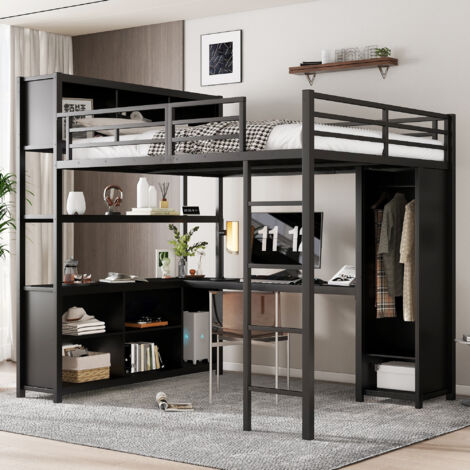 Lit mezzanine 140x200 cm - avec bureau et étagère de rangement - avec garde-robe - avec échelle - Métal + panneaux de particules - Noir (sans matelas) (1/5)