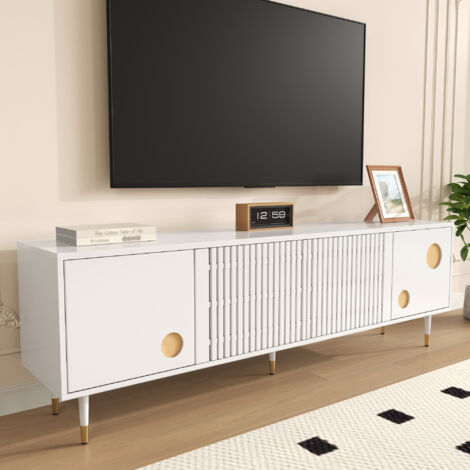 Meuble TV 170 x 36 x 54 cm - 4 portes - poignées dissimulées - pieds réglables - MDF - blanc (1/5)