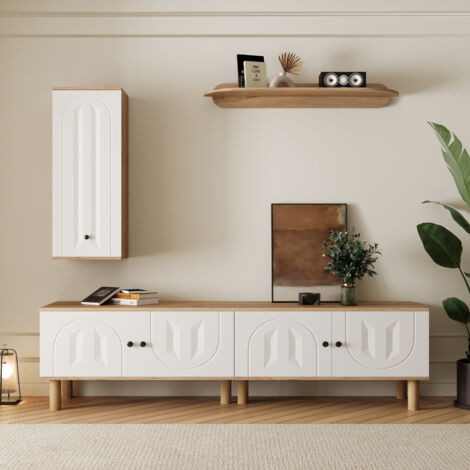 Ensemble meuble TV 3 pièces - Meuble TV + vitrine + étagère mural - 5 portes - Pieds en bois massif - Blanc+naturel (1/5)