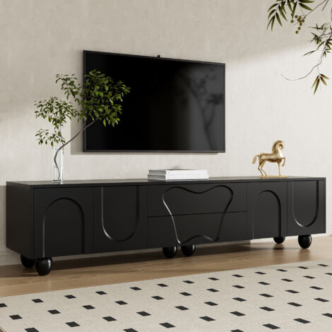 Modernluxe – Meuble TV noir 180 x 40 x 42 cm – 2 tiroirs – 4 portes – pieds en bois massif – panneaux de particules robustes (1/5)