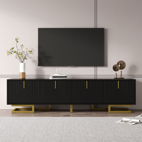 Meuble TV 160 x 38 x 44.5 cm - 4 portes - Poignées et pieds dorés - Panneaux de particules - Noir (1/5)