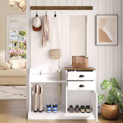 Ensemble vestiaire d'entrée 110.5x38x191 cm - Avec miroir et crochets - 2 tiroirs et 1 porte - Avec porte-parapluie - Blanc (1/5)