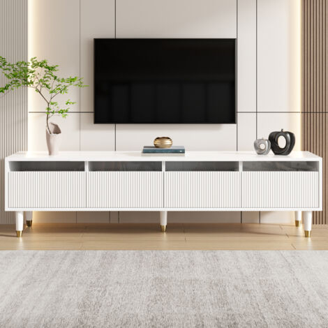Meuble TV moderne 178x35x45cm - Avec éclairage LED - 4 tiroirs - Aspect bois - MDF - Blanc (1/5)