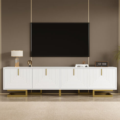 Meuble TV 160 x 38 x 44.5 cm - 4 portes - Poignées et pieds dorés - Panneaux de particules - Blanc (1/5)