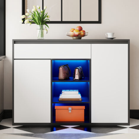 Meuble à chaussures 105x39.5x86 cm - 2 portes et 1 tiroir - Avec LED - Avec étagères réglables - Blanc + Noir (1/5)