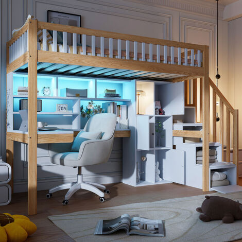 Lit mezzanine 90 x 200 cm - avec éclairage LED - échelle de rangement + étagères - avec bureau - blanc + naturel (matelas non inclus) (1/5)