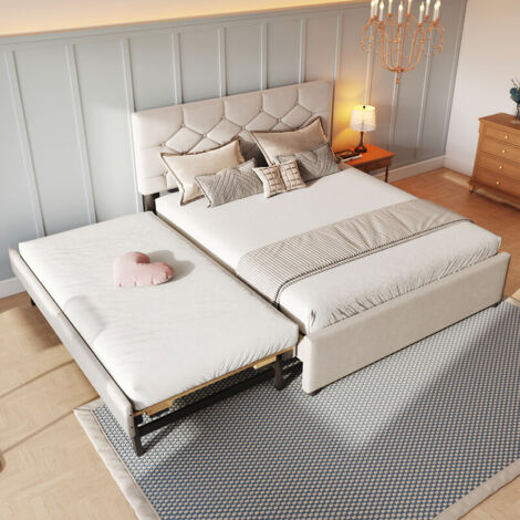 Lit rembourré 140x200 cm - avec lit gigogne - avec sommier à lattes - velours - beige (matelas non inclus) (1/5)