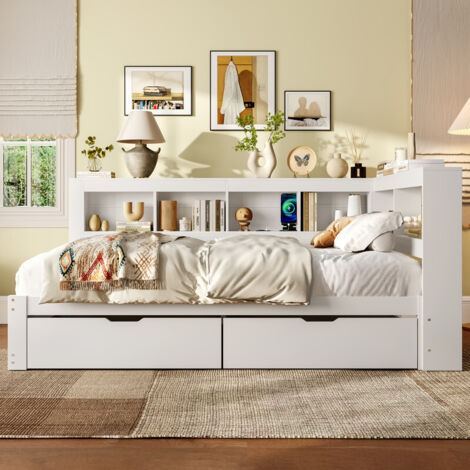 Canapé-lit 140x200 Cm Avec Prise USB/Type-C Et Tiroirs - Sommier à Lattes, Rangement Intégré - Blanc (Sans Matelas)